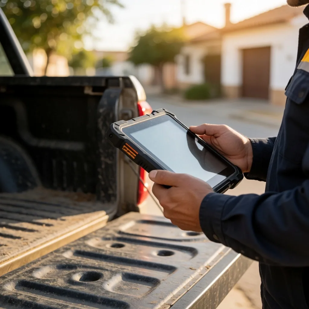 Perito revisando informe técnico digital en la caja de una pickup