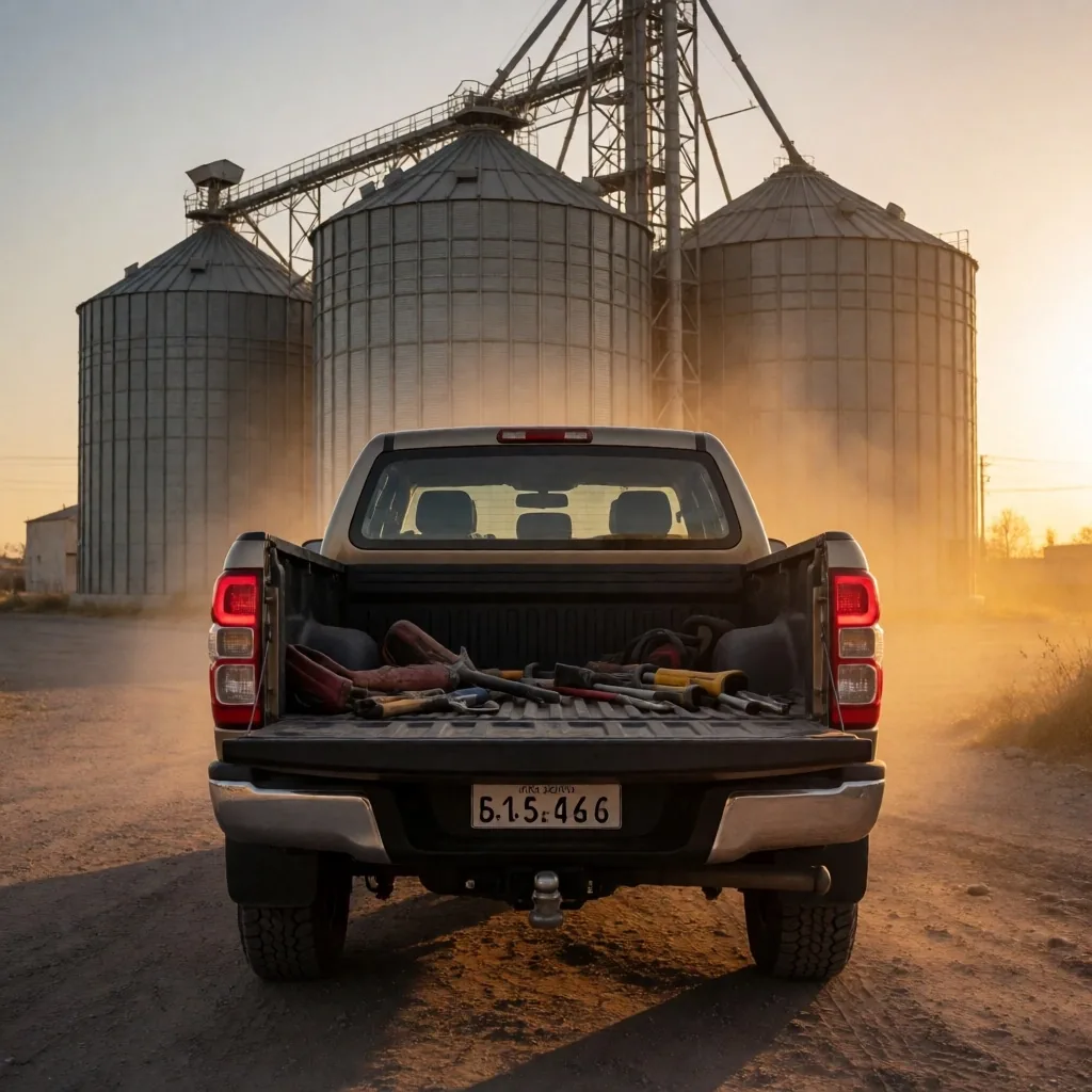 Pickup cargada cerca de zona industrial de Rosario al atardecer