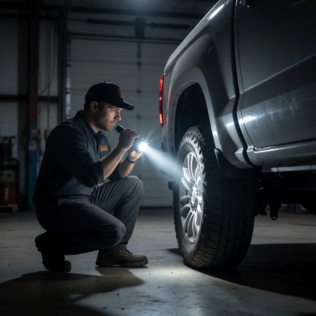 Peritaje técnico de una pickup con linterna en el bajos