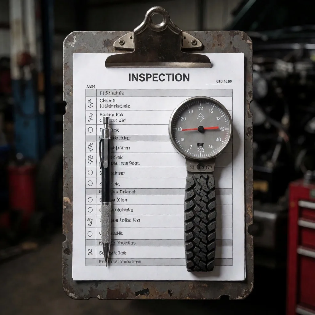Informe técnico de inspección vehicular en portapapeles industrial