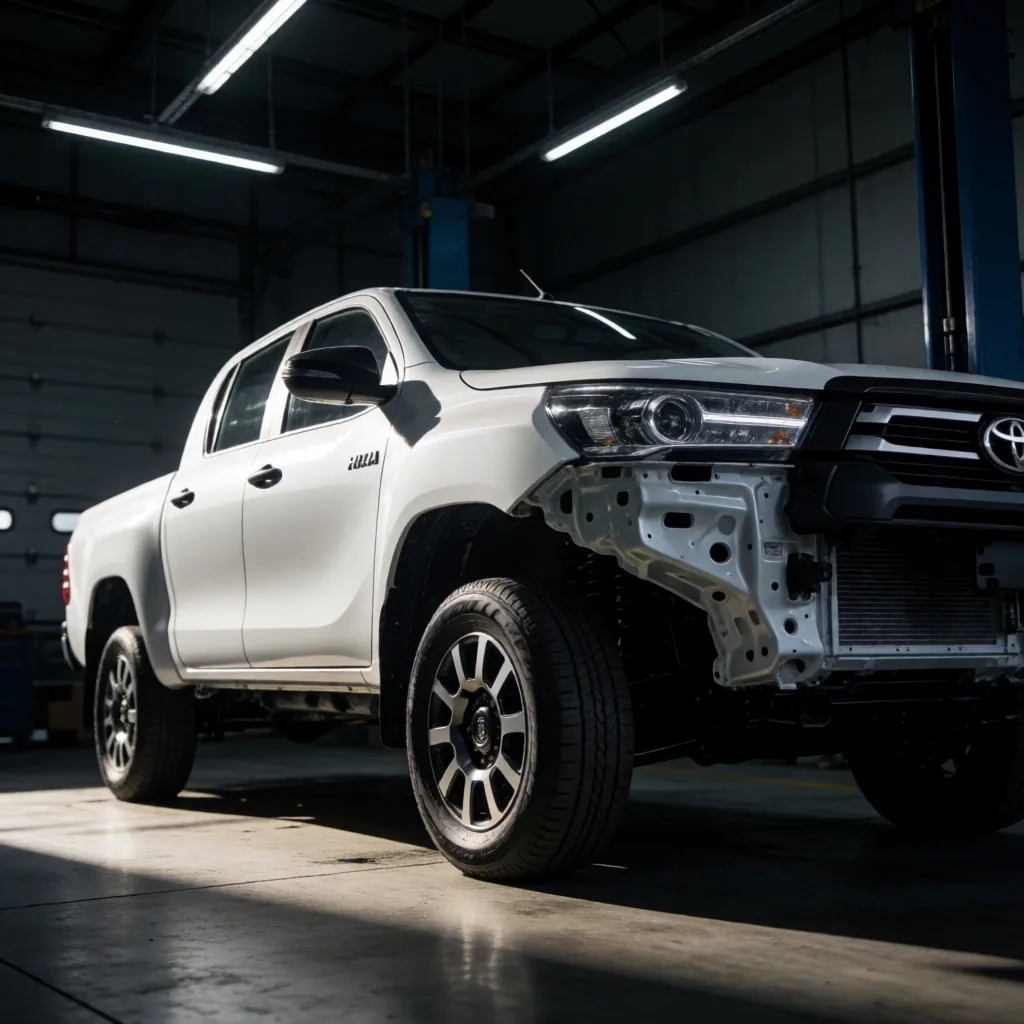 Pickup Toyota Hilux bajo iluminación dramática en taller de diagnóstico