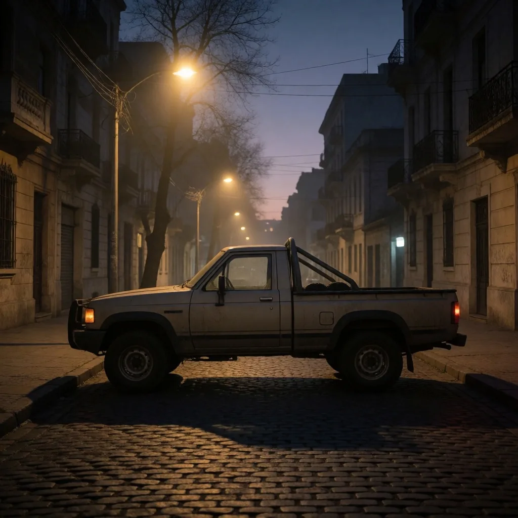 Pickup estacionada en calle de madrugada en ciudad argentina