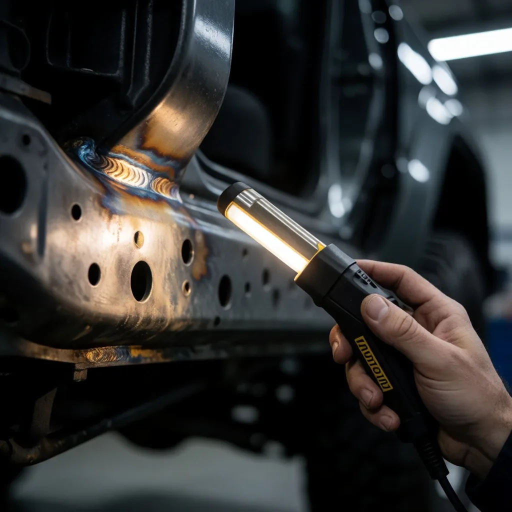 Inspección del chasis de una pickup con linterna técnica
