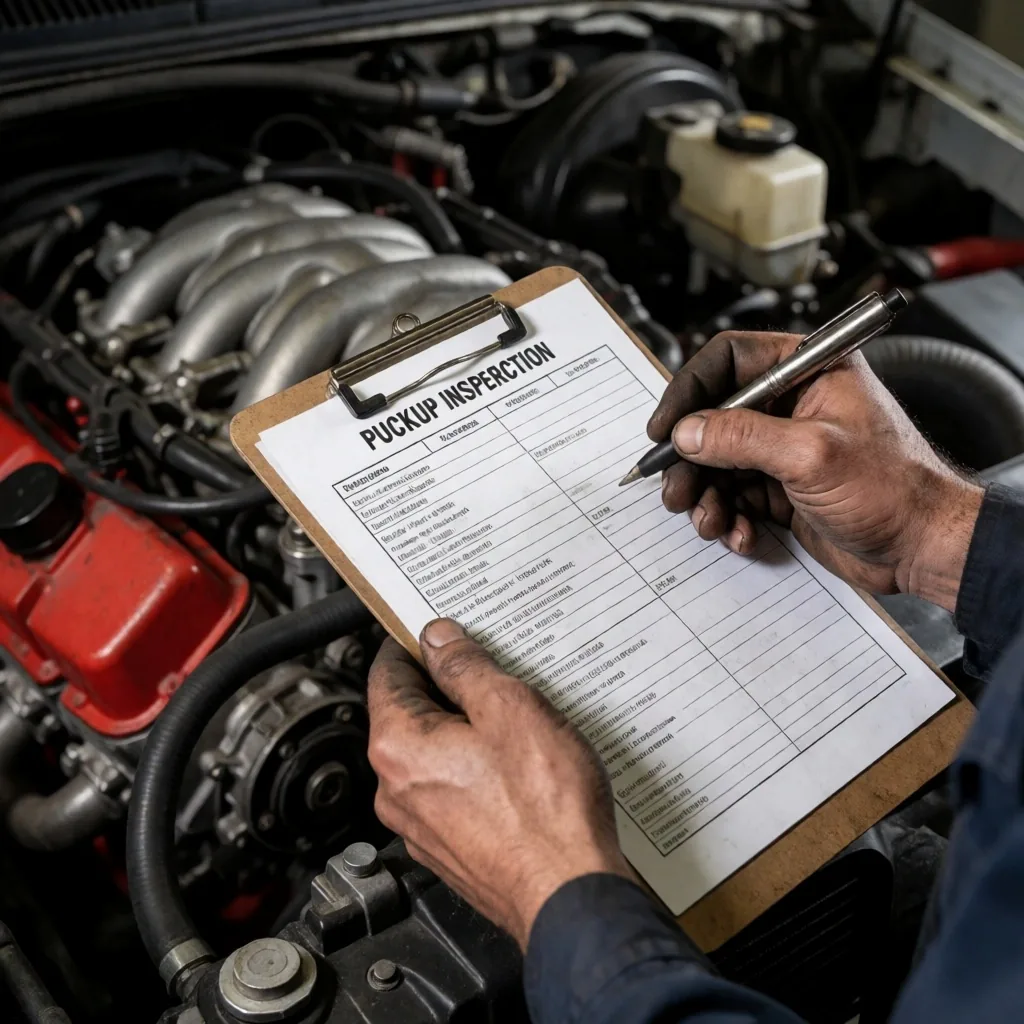 Manos de un mecánico con planilla de inspección junto al motor de una pickup