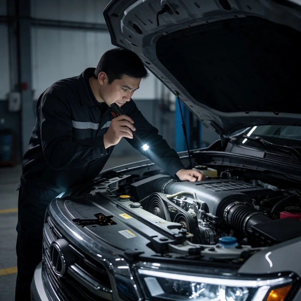 Técnico inspeccionando el compartimento del motor de una SUV