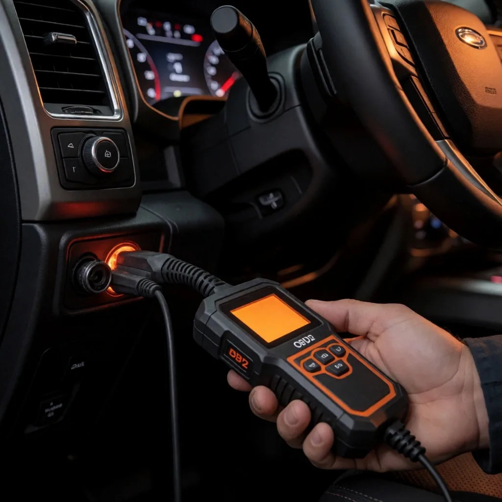 Escáner de diagnóstico OBD2 conectado al puerto del vehículo
