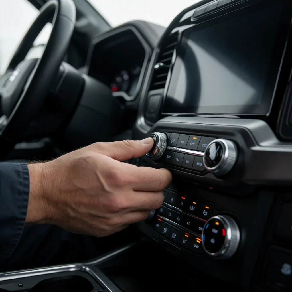 Interior de pickup con tablero y volante bajo evaluación