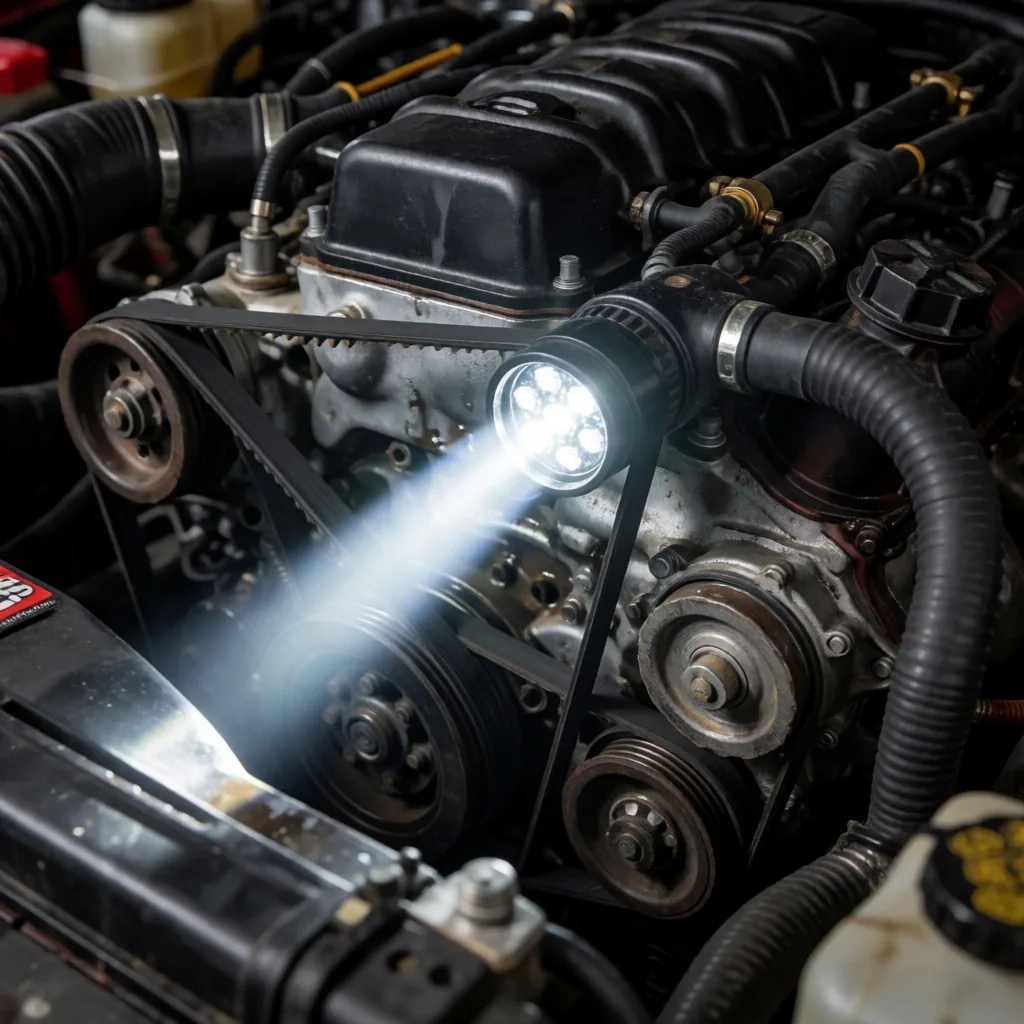 Motor de pickup bajo inspección con linterna técnica